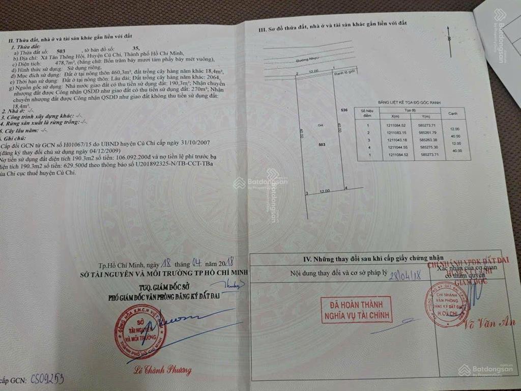 Bán đất xã tân phú trung, dt=20x40m, thổ cư hết đất, mt đường nhựa số 3