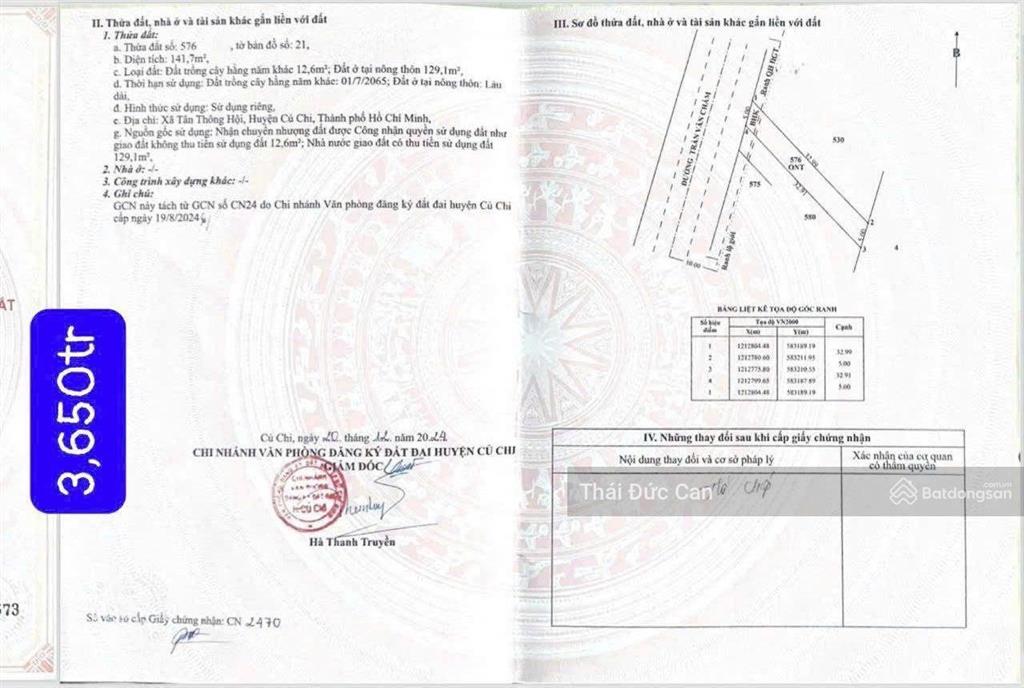 Bán đất mặt tiền đường trần văn chẩm, xã tân thông hội, dt=5x32m, thổ cư hết đất giá chỉ có 3,650tỷ