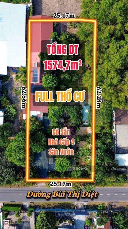 Nhà vườn mt bùi thị điệt gồm 2 sổ riêng, diện tích 25,17x62,56m = 1.574m2, full thổ cư. giá 17,5 tỷ