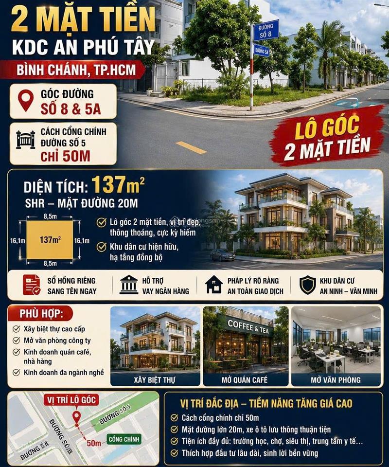 Bán lô góc 2 mặt tiền đường lớn 137m2 giá 7 tỷ 8 (thương lượng) tại kdc an phú tây.  0931 112 ***