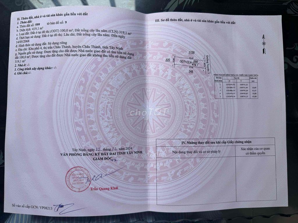 CẦN BÁN ĐẤT MẶT TIỀN ĐƯỜNG D7 – THỊ TRẤN CHÂU THÀNH, TÂY NINH