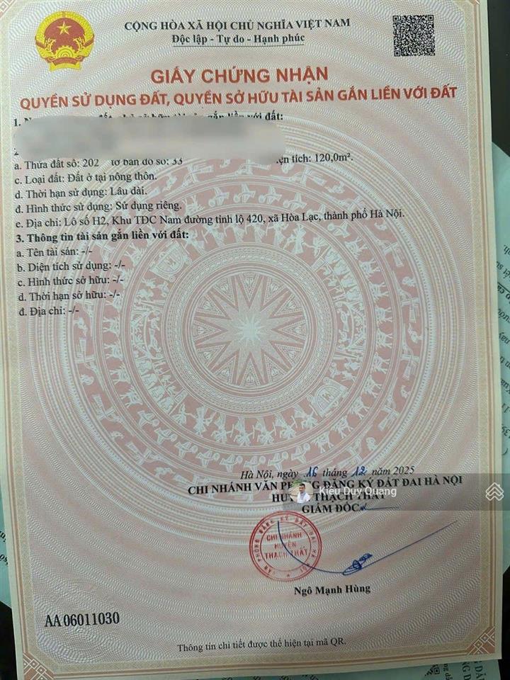 Bán gấp cắt lỗ chỉ hơn 6 tỷ lô 120m2 đất tái định cư bình yên, hòa lạc. sẵn nhà 2 tầng cũ