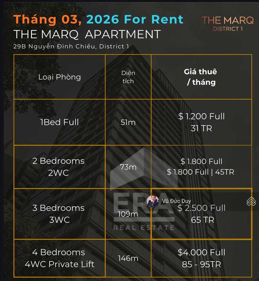 Cho thuê 3pn the marq 110m2, tầng cao, mới đẹp 99% full 65tr | 3bed the marq for rent vũ đức duy