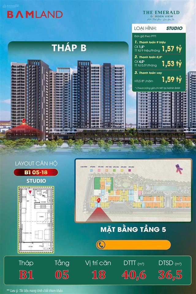 Căn hộ studio emerald garden view chỉ từ 1,5 tỷ/căn