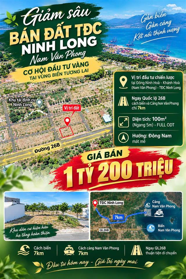 Giảm sâu bán đất tđc ninh long, nam vân phong, dt 100m2 hướng đn ~ giá 1.2 tỷ