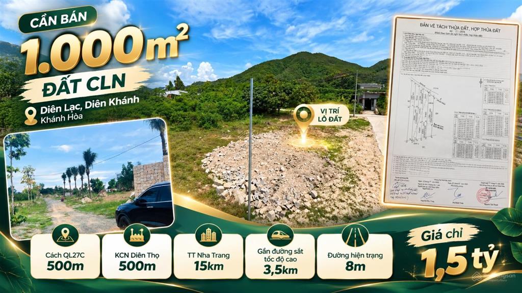 Bán 1.000m² đất diên lạc, diên khánh đường 8m, gần ql27c, giá chỉ 1,5 tỷ