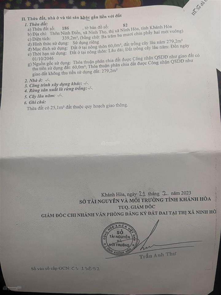 Bán đất thôn ninh điền, ninh thọ, nay là bắc ninh hoà, đường hiện trạng 9m, qh 20m, 339m2, 1.5 tỷ