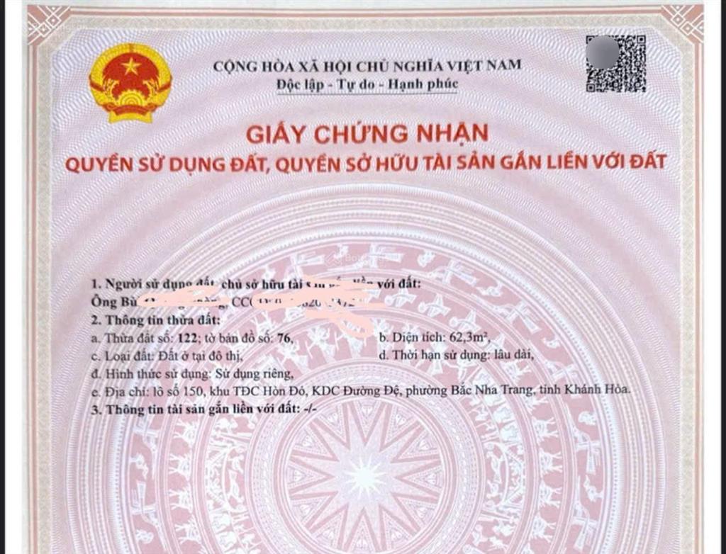 Bán lô đất tđc hòn xện đường số 03  p. vĩnh hòa  tp. nha trang. dt 62,3m2 giá 3,6 tỷ