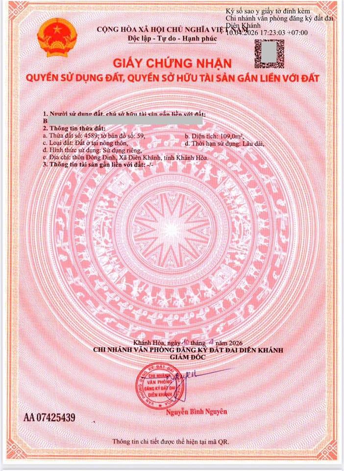 Chính chủ kẹt bán lô đất diên toàn. cách trường học và chợ đông dinh chỉ 150m. giá rẻ