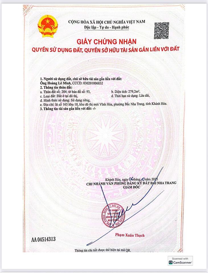 Bán đất xây biệt thự đường huỳnh văn nghệ, p. bắc nha trang. dt 272,7m2 (ngang 10m)  giá 50tr/m2