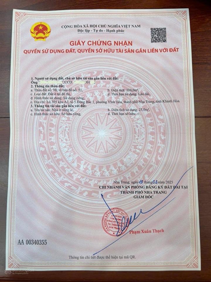 Cần bán 12,5 tỷ. lô đất mt đường điện biên phủ, bắc nha trang. dt 100m2 (ngang 5m) vị trí đẹp kdbb.