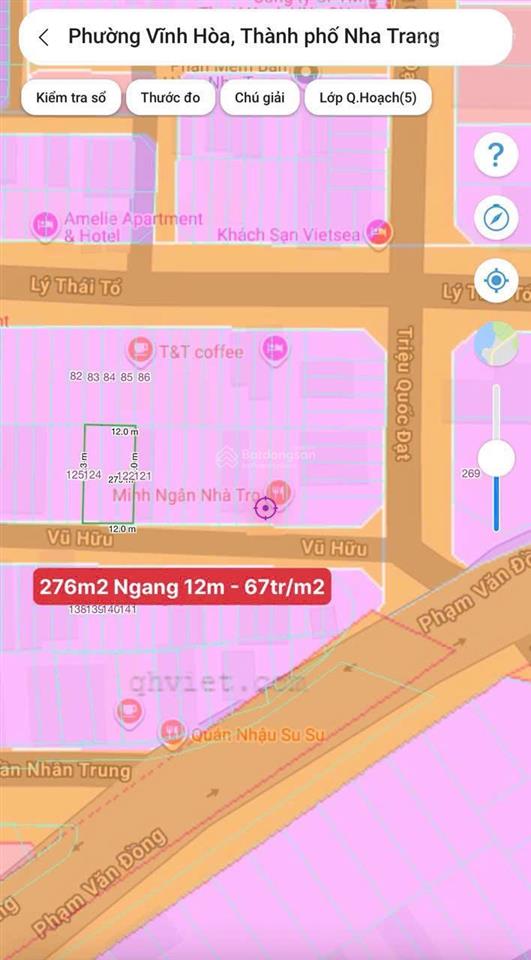 Bán đất 276m2  giá 67tr/m2 đường vũ hữu, hòn xện, vĩnh hoà, nha trang. gần biển và bến du thuyền