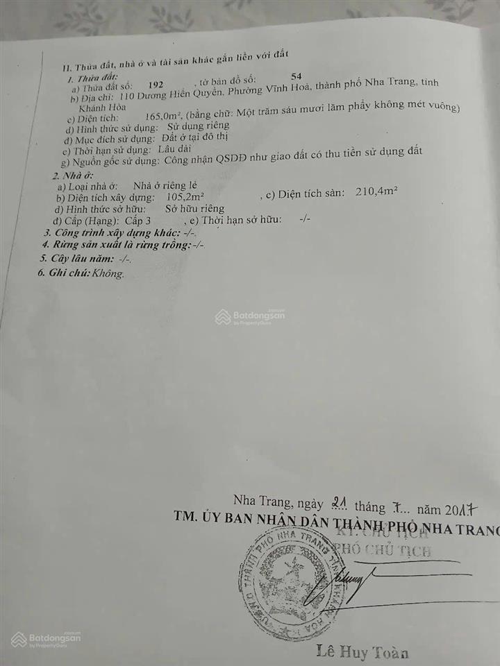 Bán nhà 2 tầng gần biển đường dương hiến quyền, bắc nha trang. dt 165m2 (ngang 6,95m) giá 110tr/m2