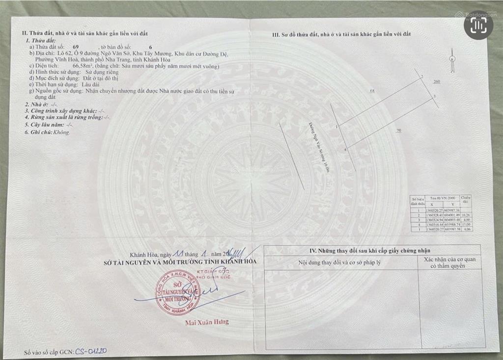 Cần bán 4,66 tỷ lô đất đẹp đường ngô văn sở, bắc nha trang. dt 66,58m2 (ngang 4m) gần bãi tắm biển