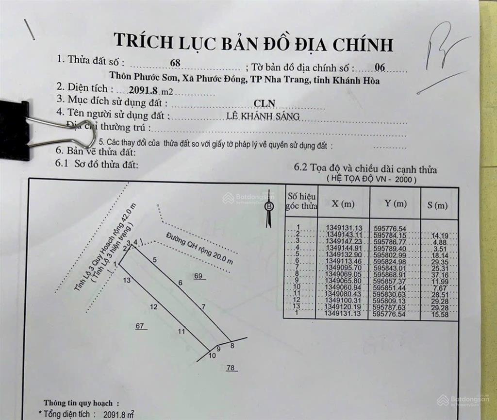 Bán đất giá rẻ 2091,8m2  giá 3,5tr/m2. mặt tiền tỉnh lộ 3, phước đồng, nha trang. vị trí đẹp