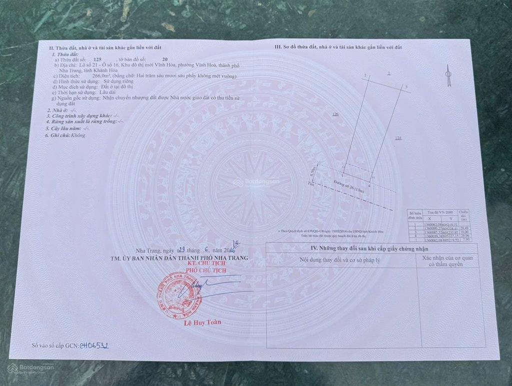 Bán đất 266m2  giá bán 53 tr/m. đường huỳnh văn nghê, vĩnh hoà, bắc nha trang. lô vip hướng biển.