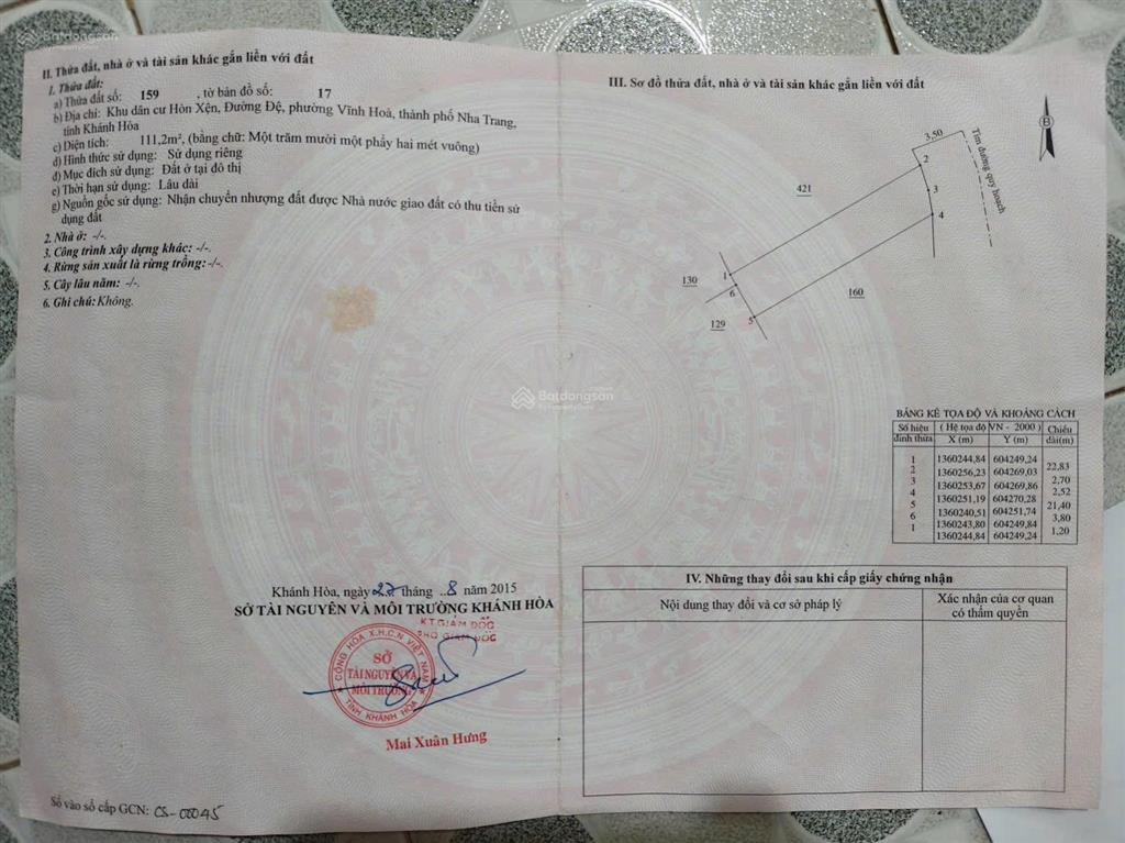 Bán đất dt 111m2 (ngang 5m)  giá 49,6 tr/m2. đường hẻm 7m lý thái tổ, hòn xện, nha trang. gần biển