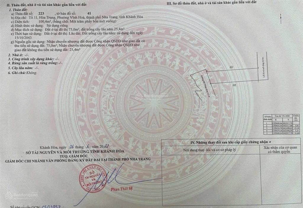 Bán đất giá rẻ, dt 100m2  giá 36,5 tr/m2. hẻm nguyễn chích, vĩnh hoà, bắc nha trang. cạnh chung cư