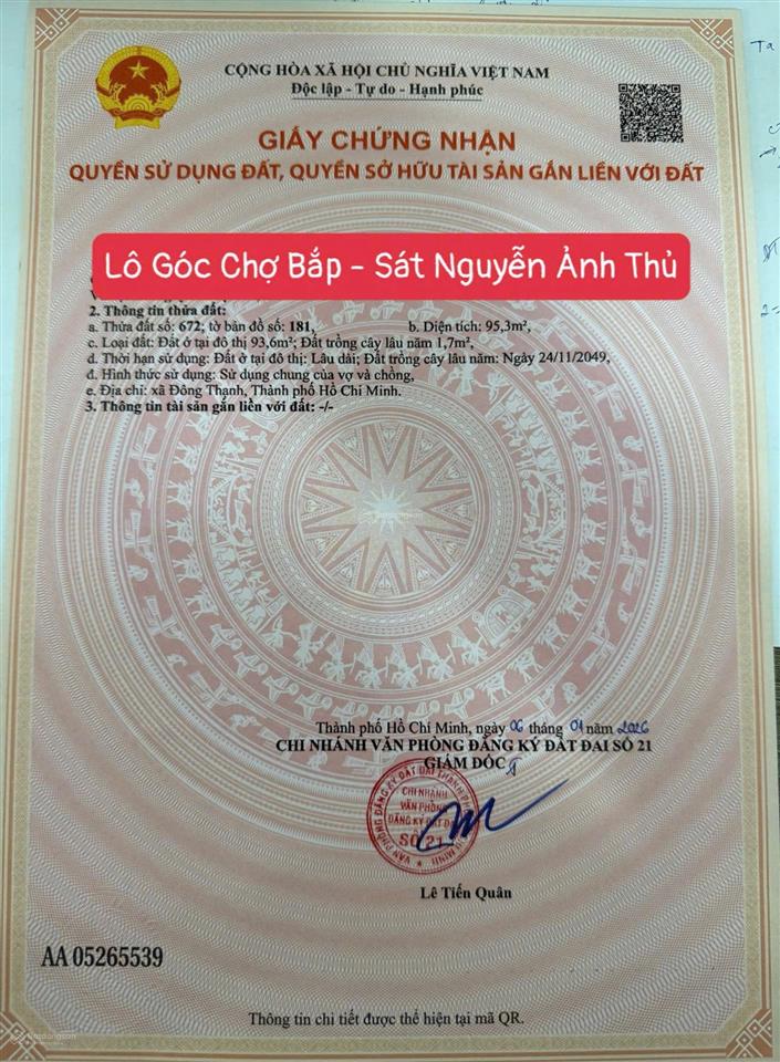 Bán đất góc 2 mt hẻm trịnh thị miếng, đông thạnh, hóc môn, tp. hồ chí minh. dt 95,3m2 giá 4,99 tỷ