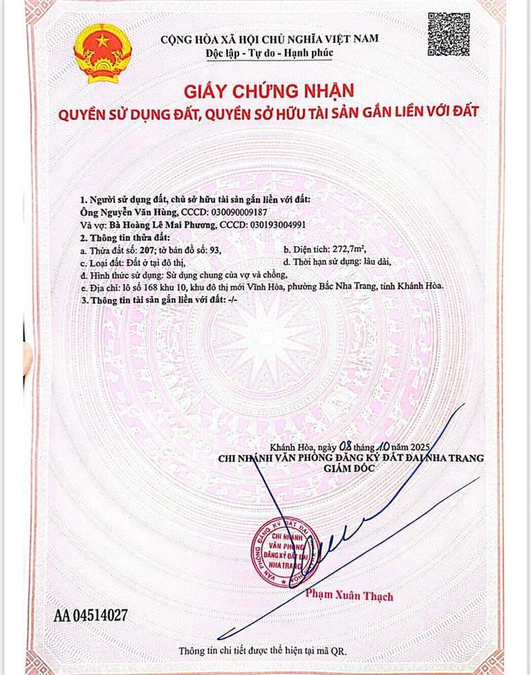 Bán cặp 2 lô đất biệt thự, đường huỳnh văn nghệ, bắc vĩnh hải, nha trang. dt 551,5m2  giá 50tr/m2