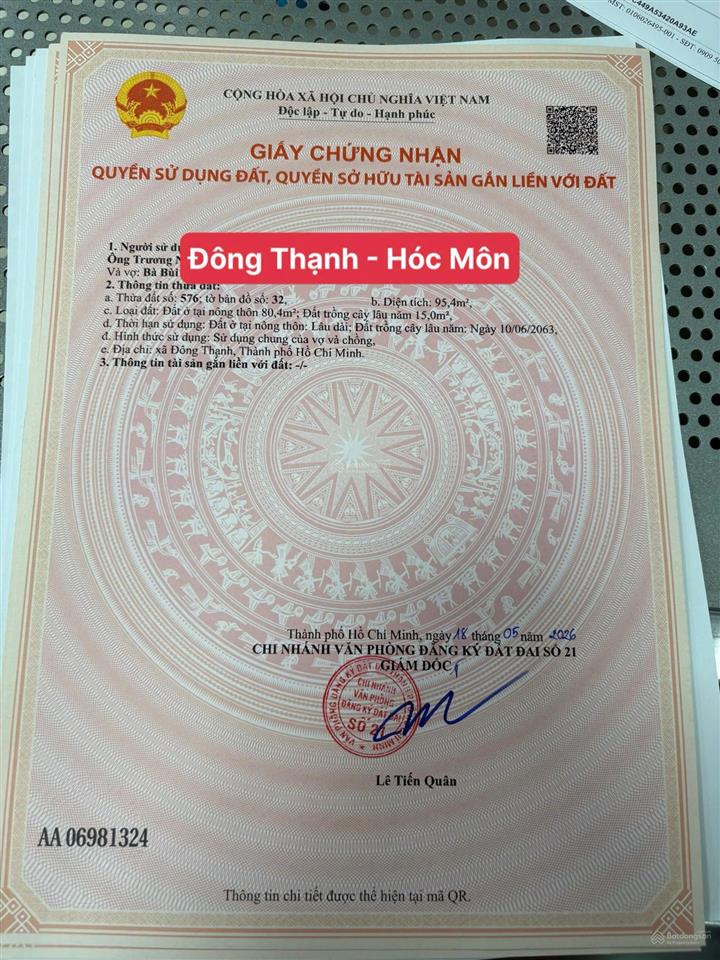 Bán đất đặng thúc vịnh, hóc môn, tp hồ chí minh. dt 95m2 (5x19m)  giá bán 2,85 tỷ