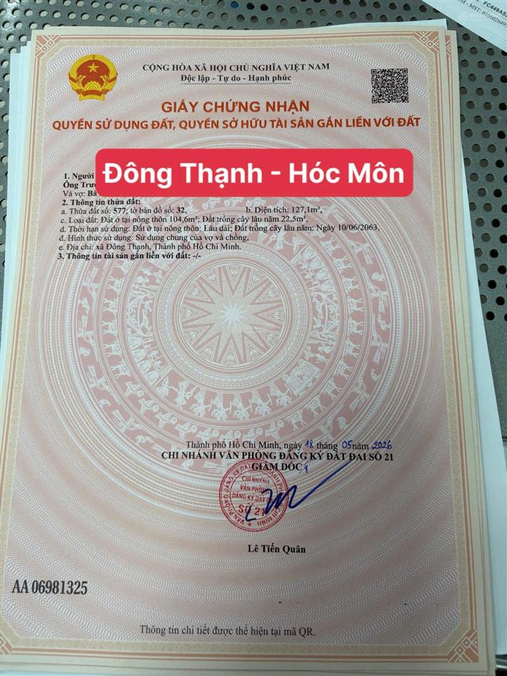 Bán đất đặng thúc vịnh, hóc môn, tp hồ chí minh. dt 95m2 (5x19m)  giá bán 2,85 tỷ