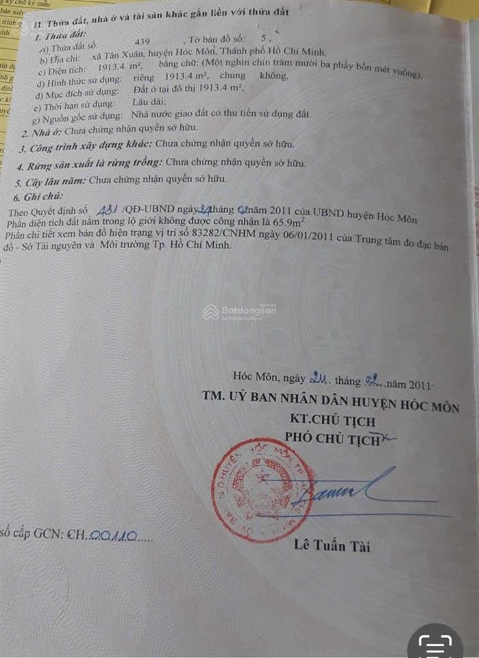 Bán đất đường tân xuân 2, đông thạnh, hóc môn, tp hồ chí minh. dt 1913m2 (24x77m)  giá 34 tr/m2.