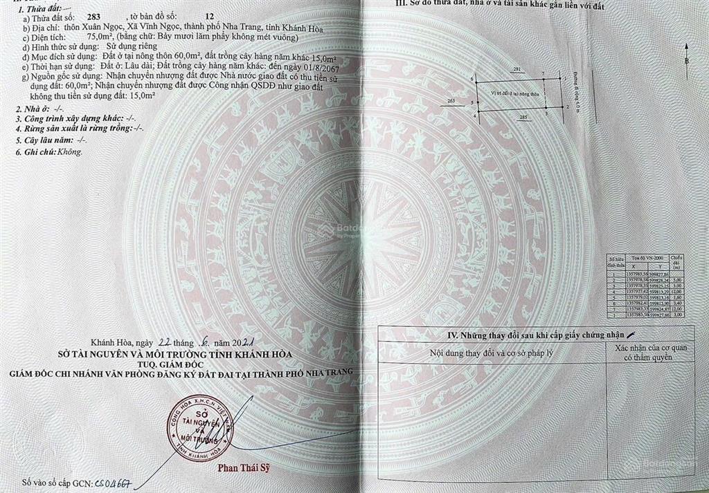 Bán đất đẹp 75m2  giá 1,69 tỷ. tại khu dc hòn thơm, vĩnh ngọc, nha trang. có sổ đỏ