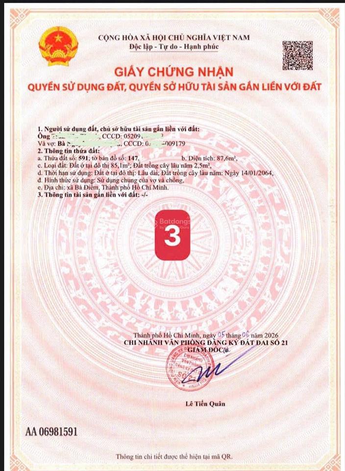 Bán đất 86m2 (5,8x 15m) đường trương thị như, xã bà điểm (hóc môn) tp. hồ chí minh. giá 2,99 tỷ