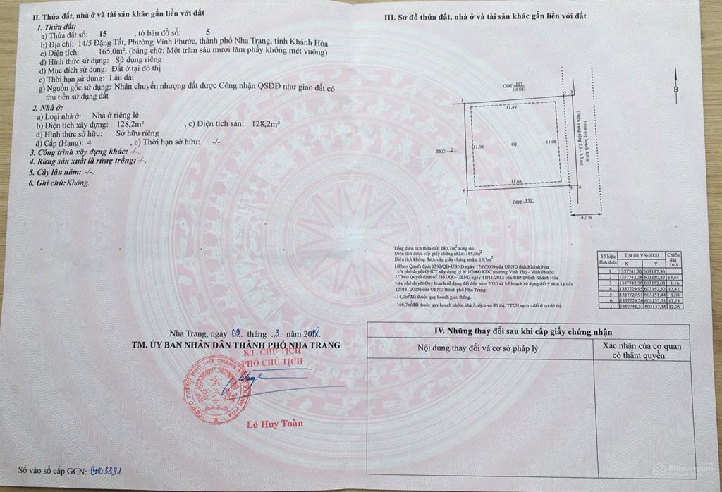 Bán đất xây căn hộ, ks 165m2  giá 14,5 tỷ tại nha trang. đường đặng tất gần bãi tắm hòn chồng.