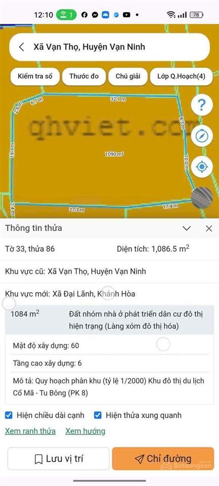 Cần bán 1086m2 có 200m2 thổ vạn thọ vạn ninh đối diện sun cổ mã, giá bán 6tr/ m2