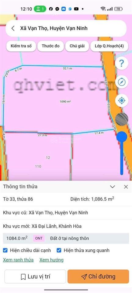 Cần bán 1086m2 có 200m2 thổ vạn thọ vạn ninh đối diện sun cổ mã, giá bán 6tr/ m2