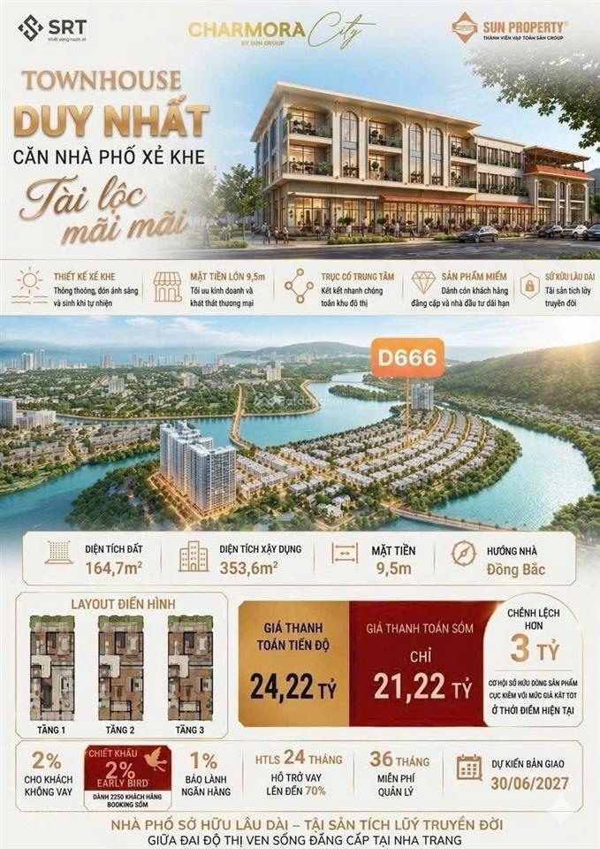 Siêu phẩm mặt tiền 9,5m cực hiếm nằm trên trục chính d6 rộng 20m tại dự án charmora city nha trang