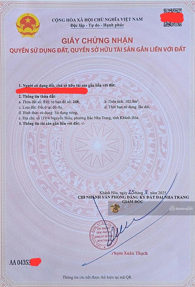 Chính chủ gửi bán đất đẹp. hẻm oto nguyễn biểu  vĩnh hải. 102.8m2, ngang 5m. giá chỉ 6.68 tỷ