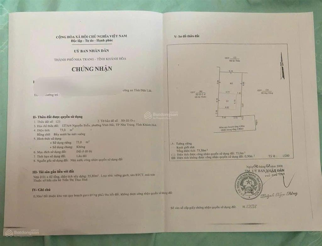 Chính chủ gửi bán nhà đường nguyễn biểu. dt 73m, ngang 6,2m, cách biển hòn chồng. giá chỉ 6 tỷ