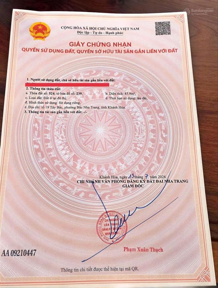 Chính chủ gửi bán đất hẻm phước huệ, sát đường 2/4, p vĩnh hải. 86m2, ngang 4m, giá chỉ 32 triệu