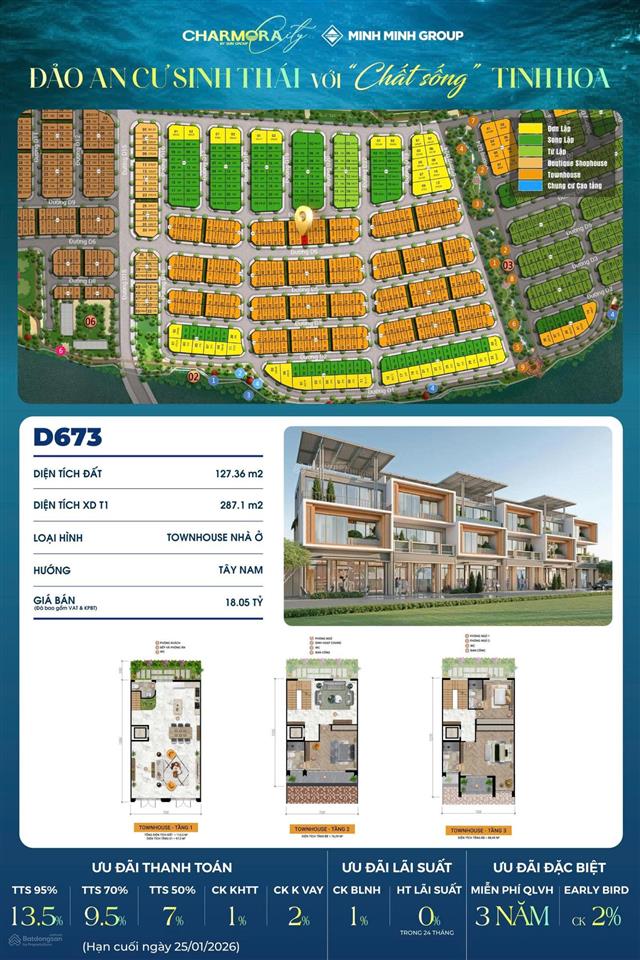 Duy nhất bán căn townhouse trục huyết mạch d6 đảo 3 an cư  charmora city. vị trí rất đẹp