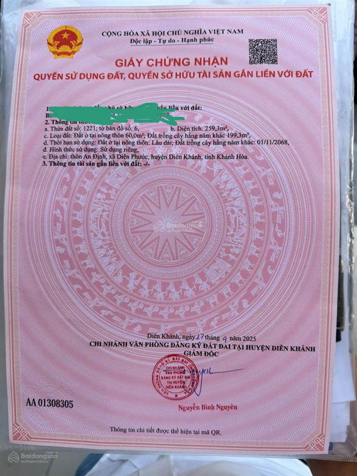 Bán lô đất mặt tiền đường lớn an định, diên phước, diên khánh, khánh hoà, giá chỉ 1.85 tỷ