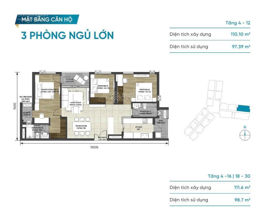 Bán gấp 109m2, 3 phòng ngủ lỗ 500 triệu, 7.4 tỷ.  0938 793 ***
