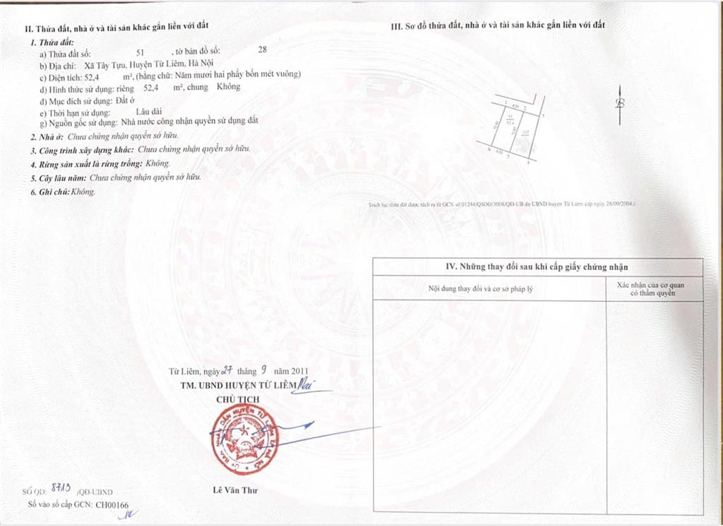 Chính chủ gửi bán 52.4m2 đất tây tựu, bắc từ liêm ngõ nông gần mặt phố