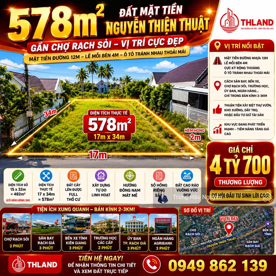 Đất góc nguyễn thiện thuật gần chợ và sân bay rạch sỏi, lộ 20m, 15x32m, quy hoạch full thổ cư, shr