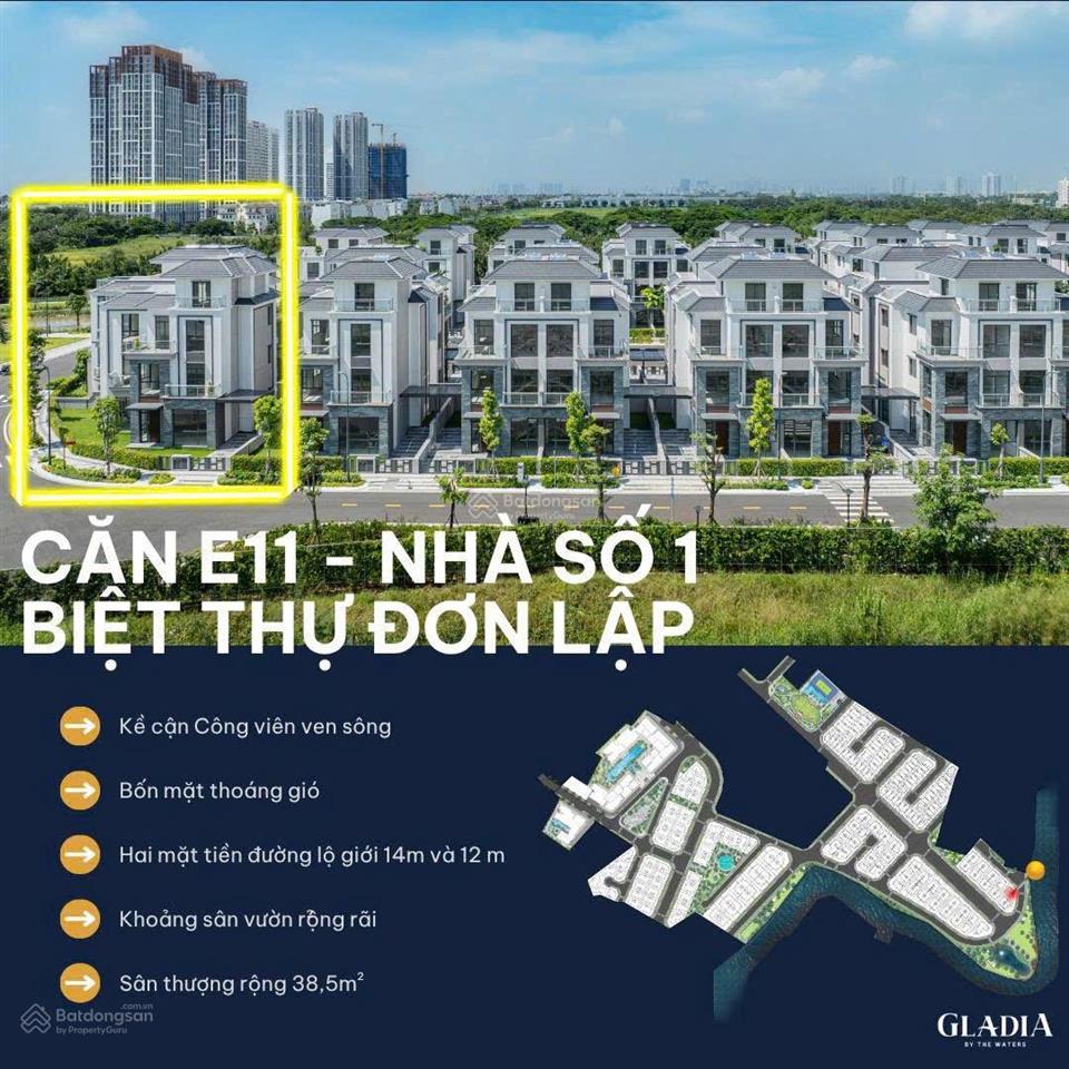 Biệt thự đơn lập, góc 2 mặt tiền, giáp sông và công viên, dt 305m2, thiết kế đặc biệt tại gladia