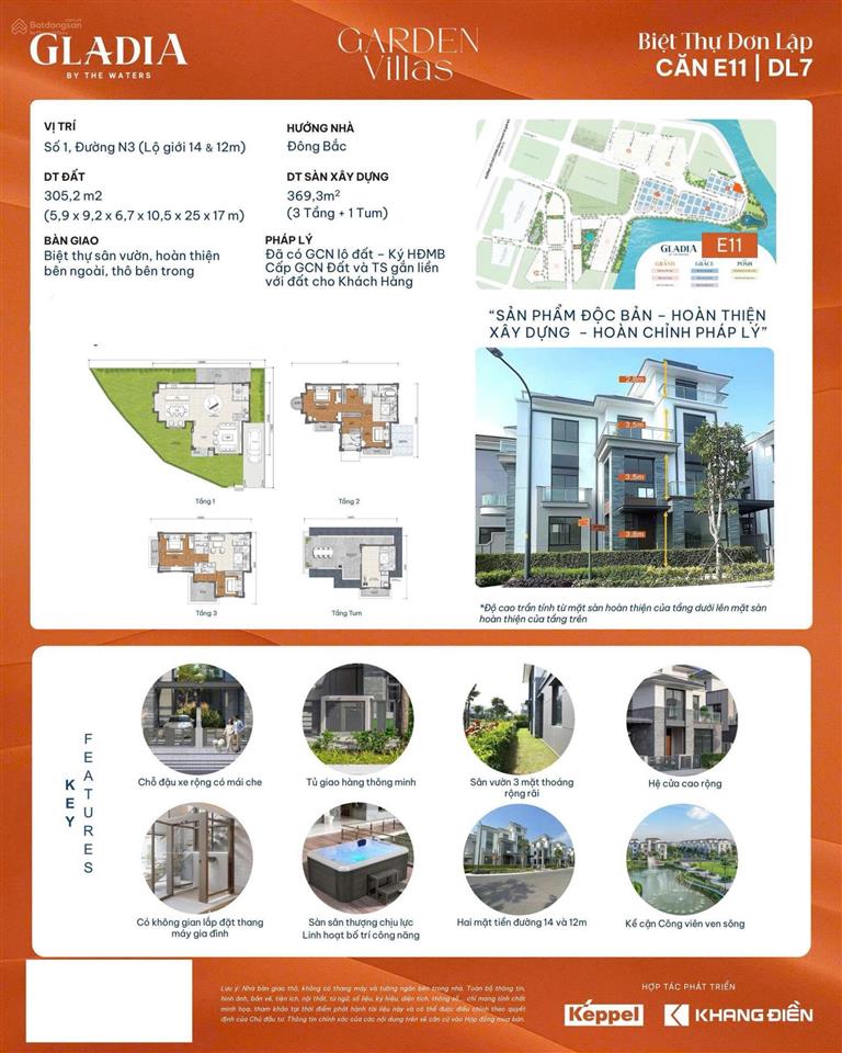 Biệt thự đơn lập, góc 2 mặt tiền, giáp sông và công viên, dt 305m2, thiết kế đặc biệt tại gladia