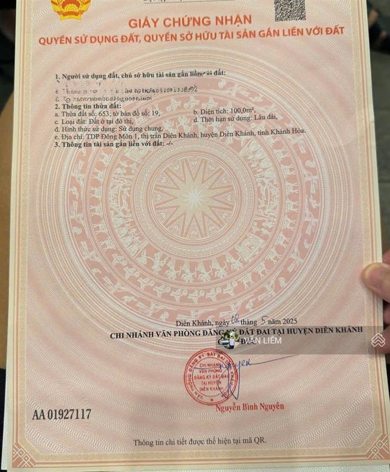 Bán lô đất tái định cư nam sông cái  tt diên khánh diện tích 100m2 (5x20)m. lô sạch