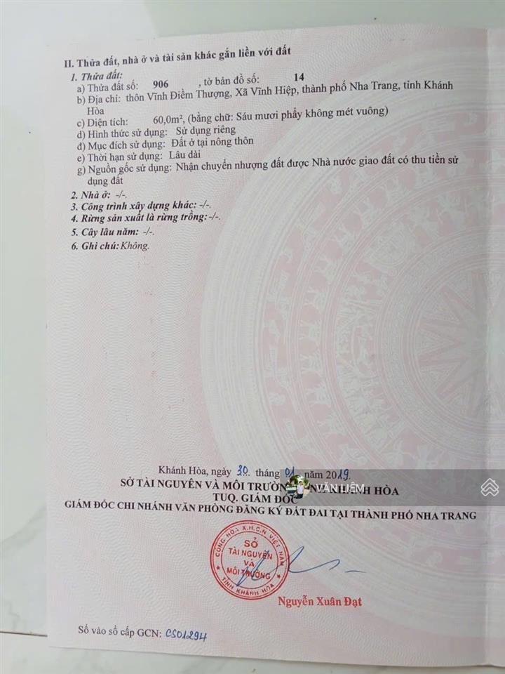 Cần bán đất thôn vĩnh điềm thượng, xã vĩnh hiệp (cũ). phường tây nha trang. cách đường 23/10