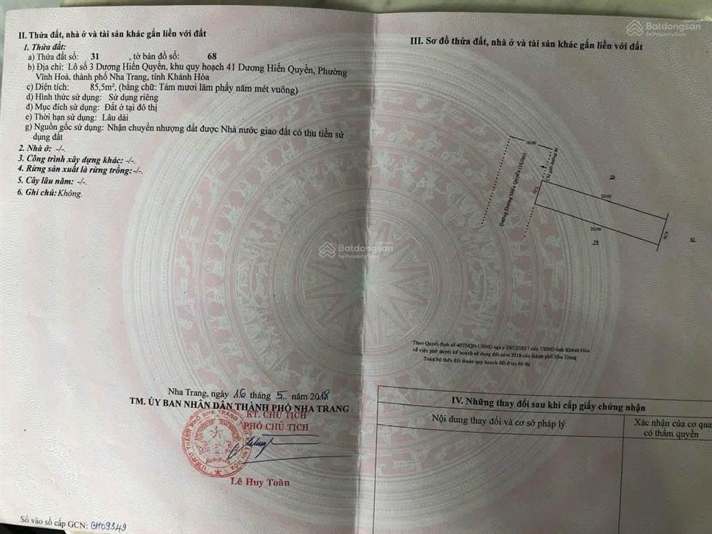 Đất mặt tiền dương hiến quyền  sát biển nha trang  diện tích 85,5m2 (ngang 4m, nở hậu nhẹ)