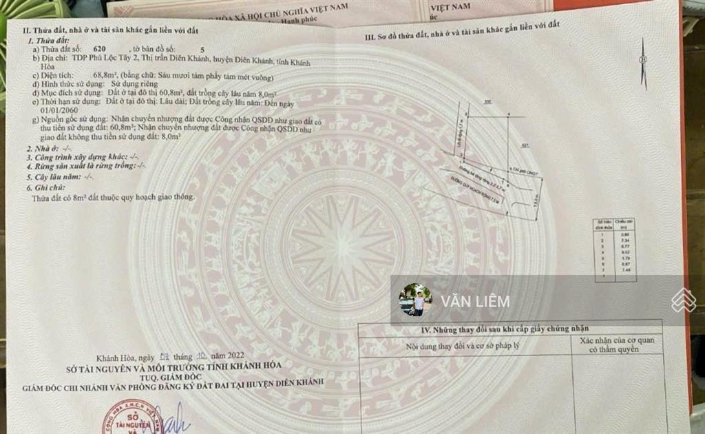 Hạ giá hàng hiếm bán đất thị trấn diên khánh, lô góc. cách đường hà huy tập 50m. diện tích 68.8m2