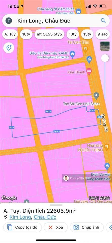Kẹt tiền bán gấp đất mặt tiền ql 56 ở xã kim long dt 74x322 = 23,894m2 có 765m2 ont