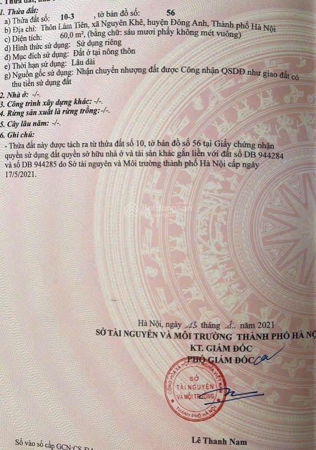 Bán đất thổ cư 60m2 tại lâm tiên, đông anh, giá cực chất 4,2 tỷ