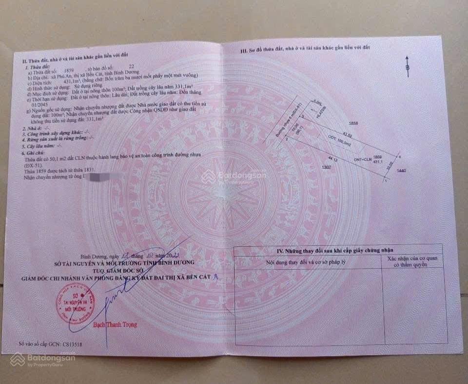 Bán đất 431m2 tại xã phú an, bến cát, 2,7 tỷ, mặt tiền 10m, pháp lý đầy đủ